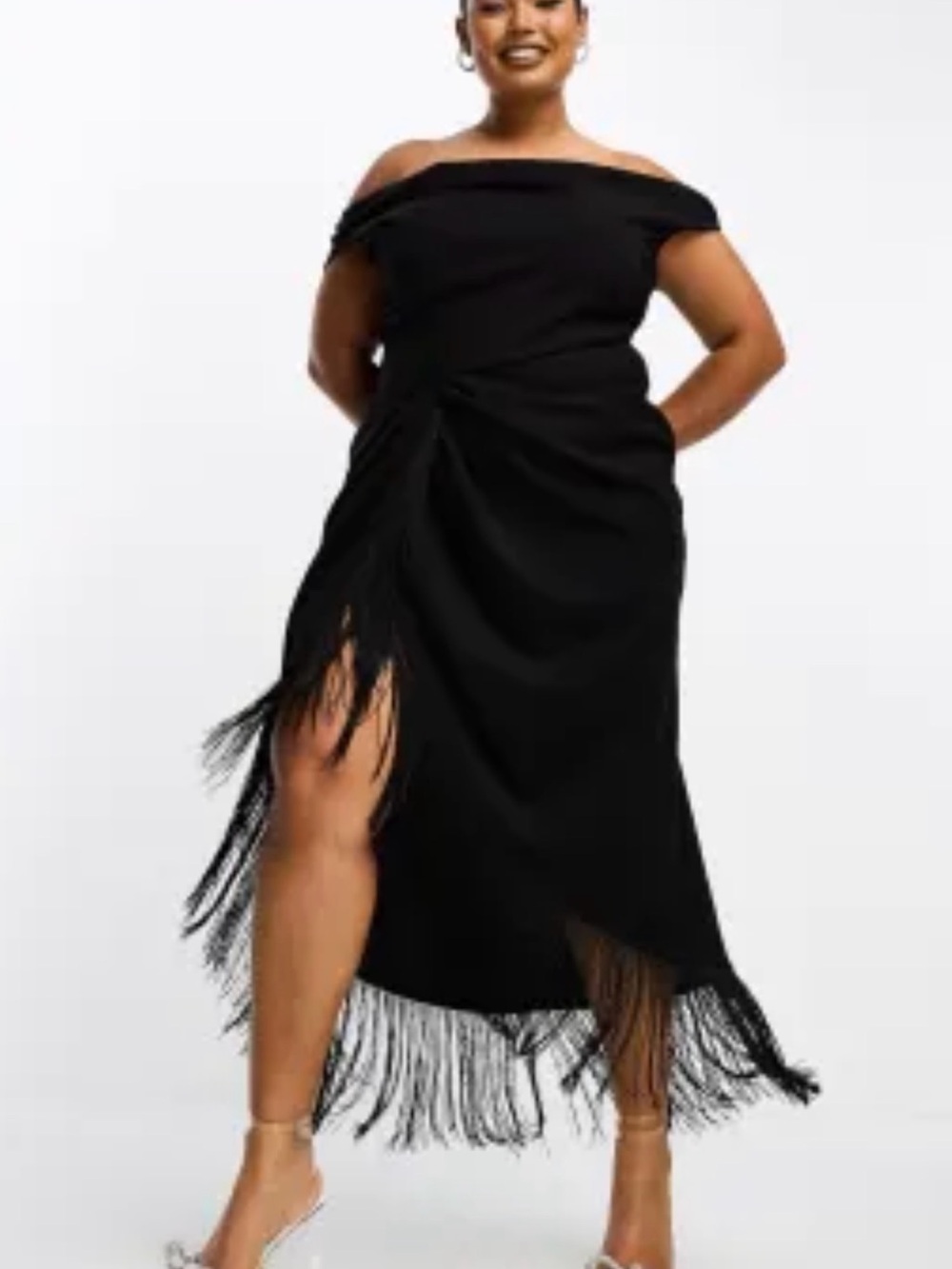 ASOS Curve Black One-Shoulder Fringe Midi Dress